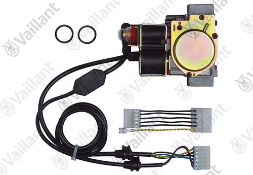 Vaillant Gasarmatur mit zwei Stufen und Anschlusskabel, bestehend aus einem Gehäuse, einem Motor und verschiedenen Steckverbindungen. Enthalten sind auch zwei O-Ringe.